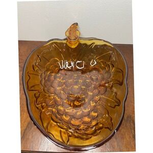 Indiana Glass Co Fruit Bowl Amber Glass Grapes & Leaves Vintage Large Dish Boho
